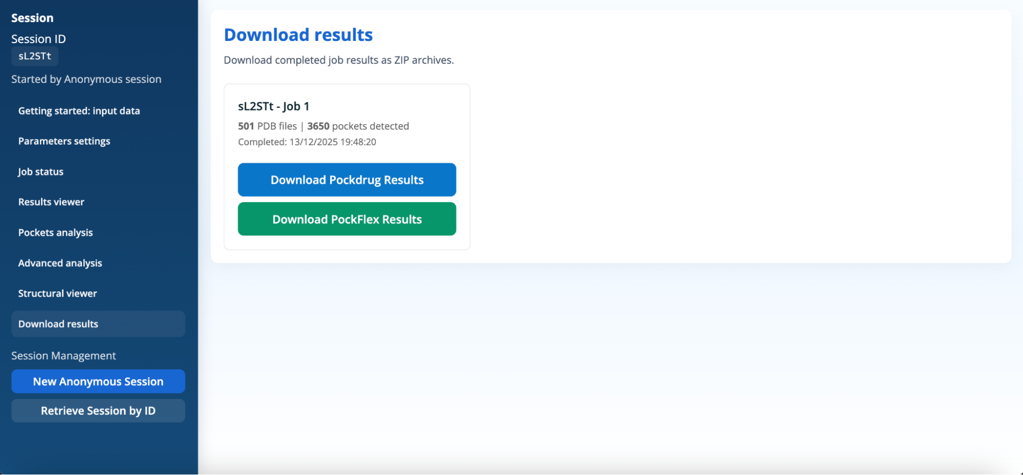 Download results panel