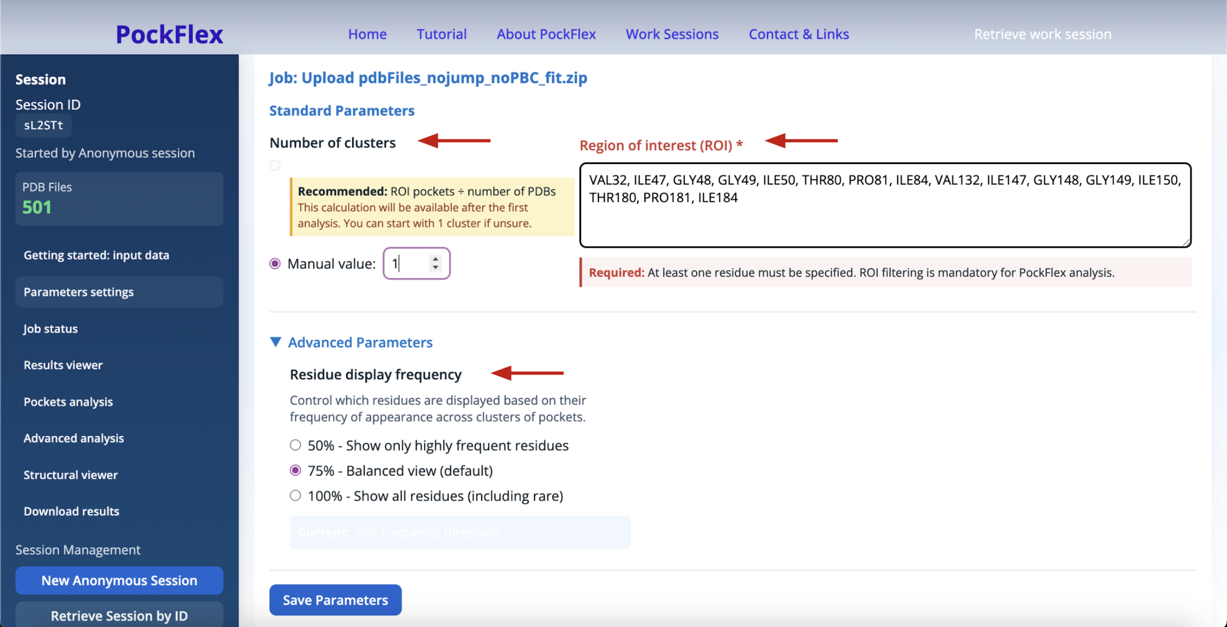 Parameters settings panel
